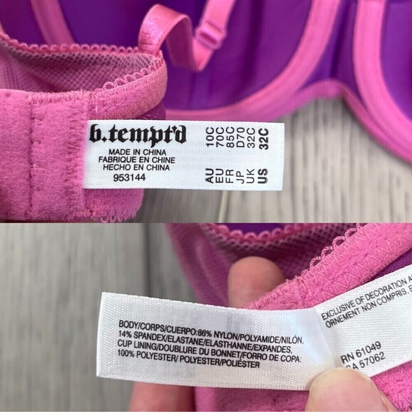 b.tempt'd Size 32C Purple Pink Floral Lace Ciao Bella Balconette Underwire Bra - Picture 5 of 6